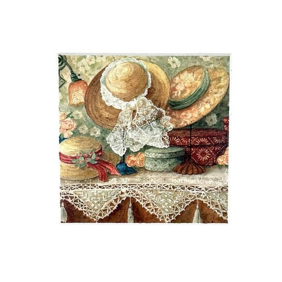 Vintage Anna Krajewski Tile Cork Coasters Set Of 4 With Wood Case Country Hats - Picture 11 of 11